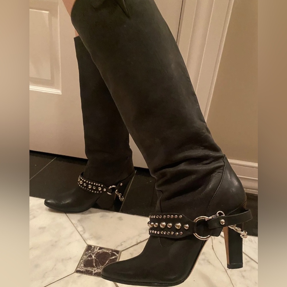 MANOLO BLAHNIK Black Leather
Buckled Belts Moto Biker Boots